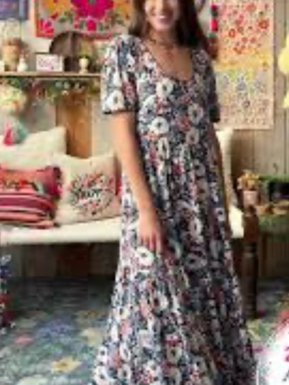 NWT  NATURAL LIFE Lucia Navy Floral Scoop-Neck Maxi with Coral Accents - Picture 2 of 5